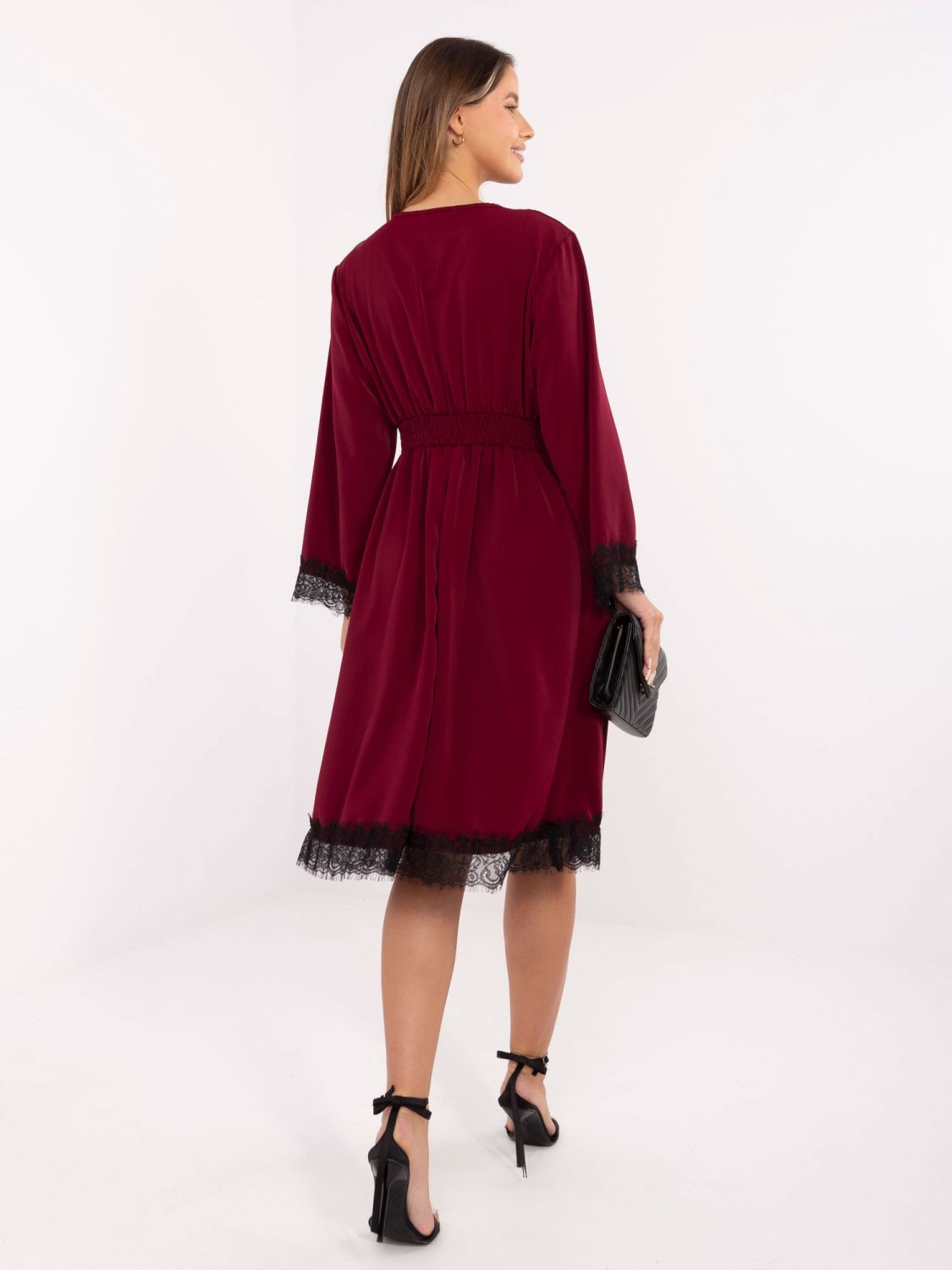 Burgundy midi dress with lace and wrap neckline