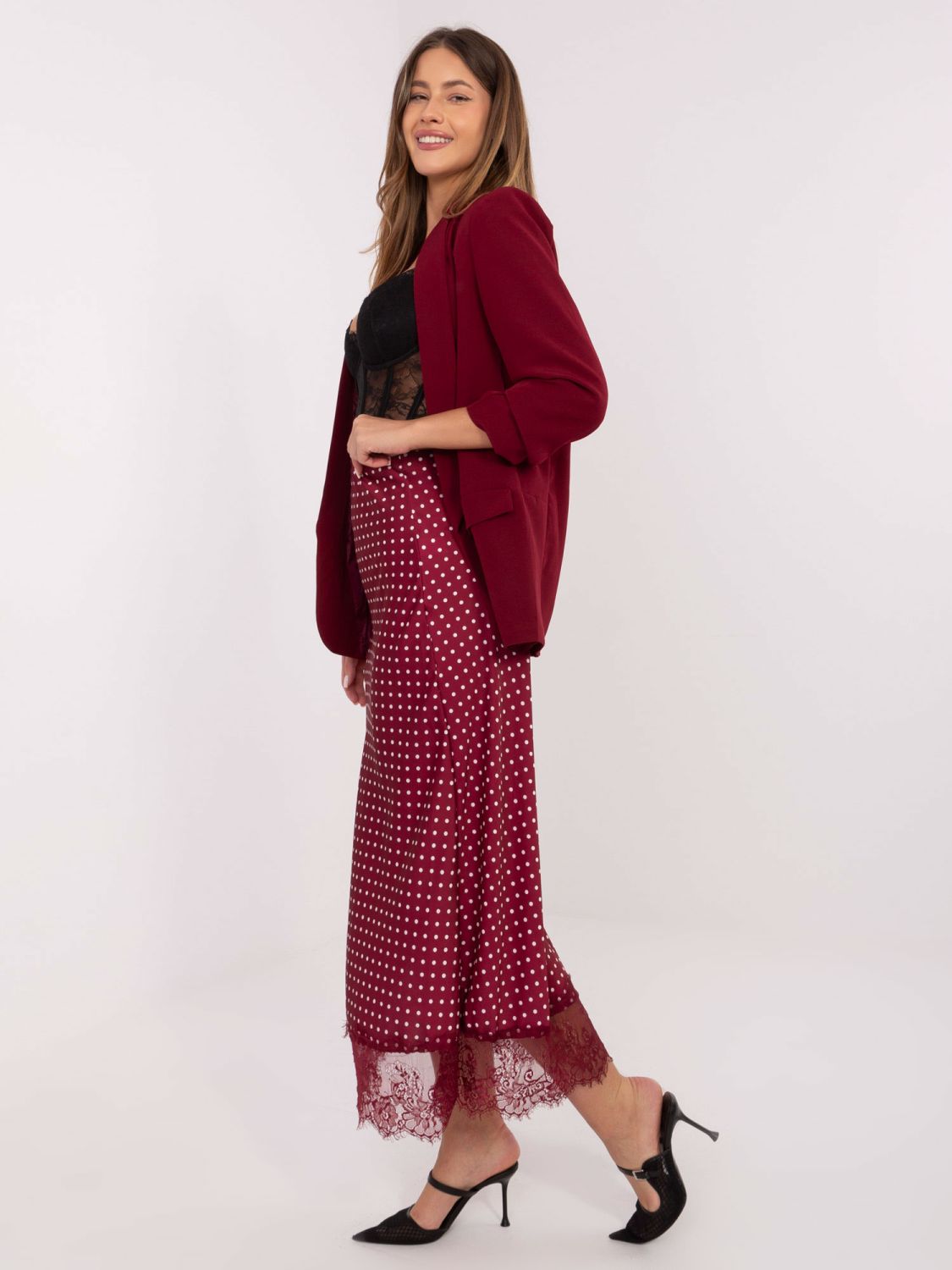 Burgundy polka dot midi skirt with lace