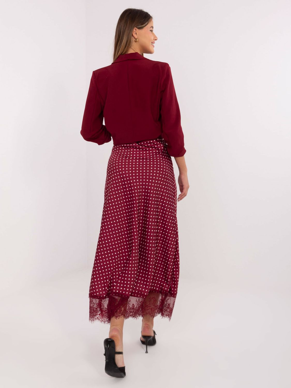 Burgundy polka dot midi skirt with lace
