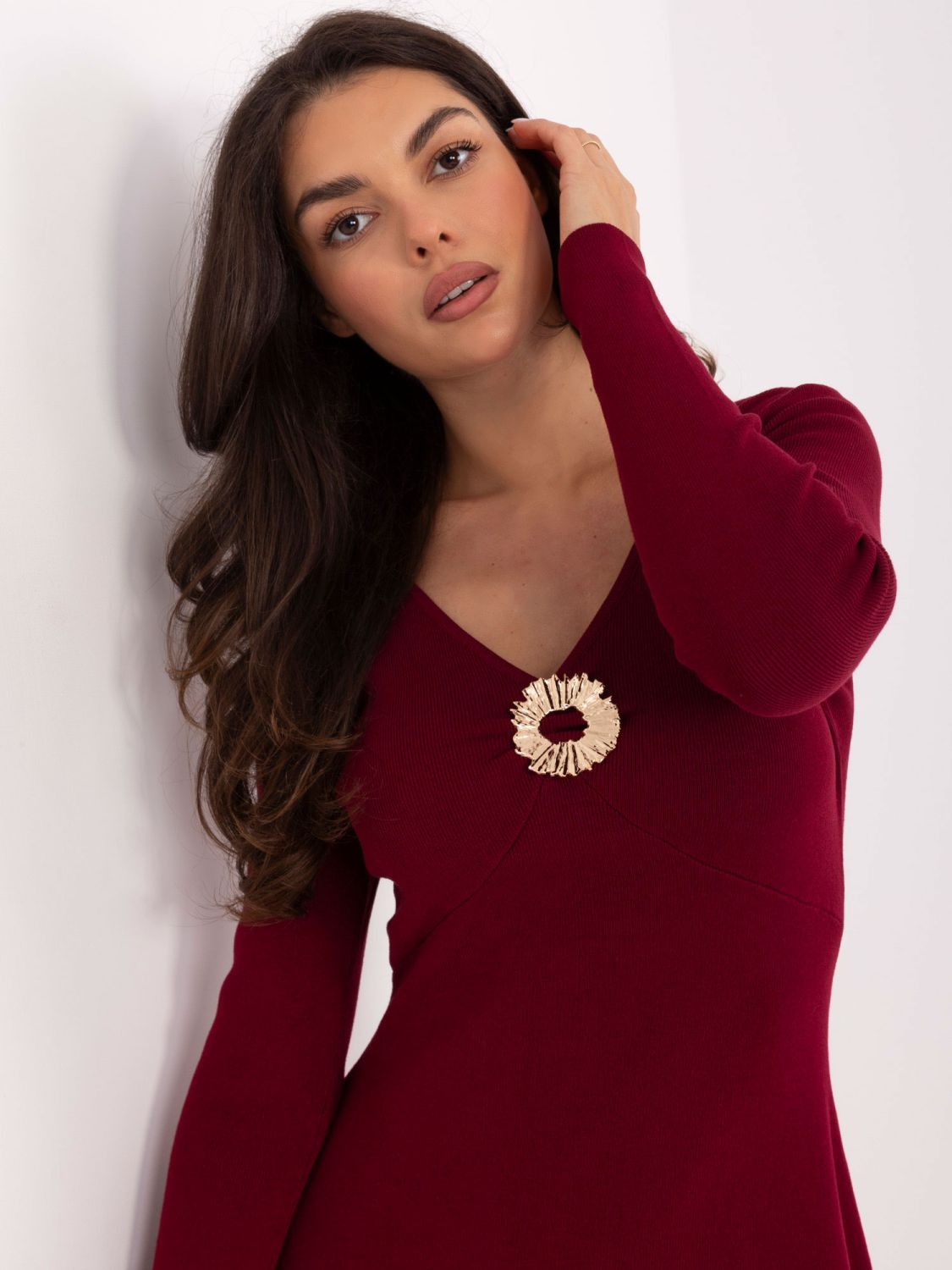 Burgundy ribbed knit mini dress with V-neckline