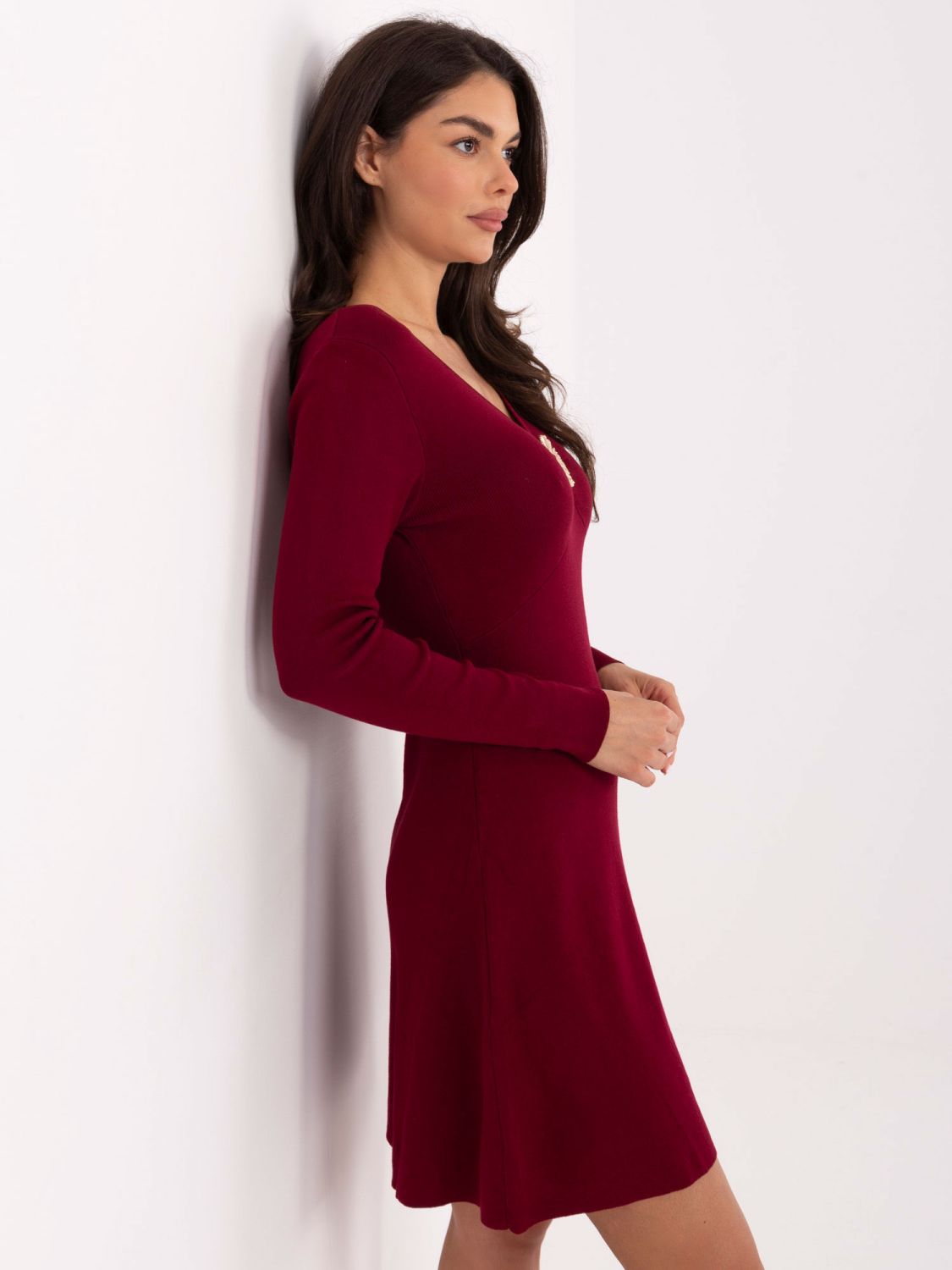 Burgundy ribbed knit mini dress with V-neckline