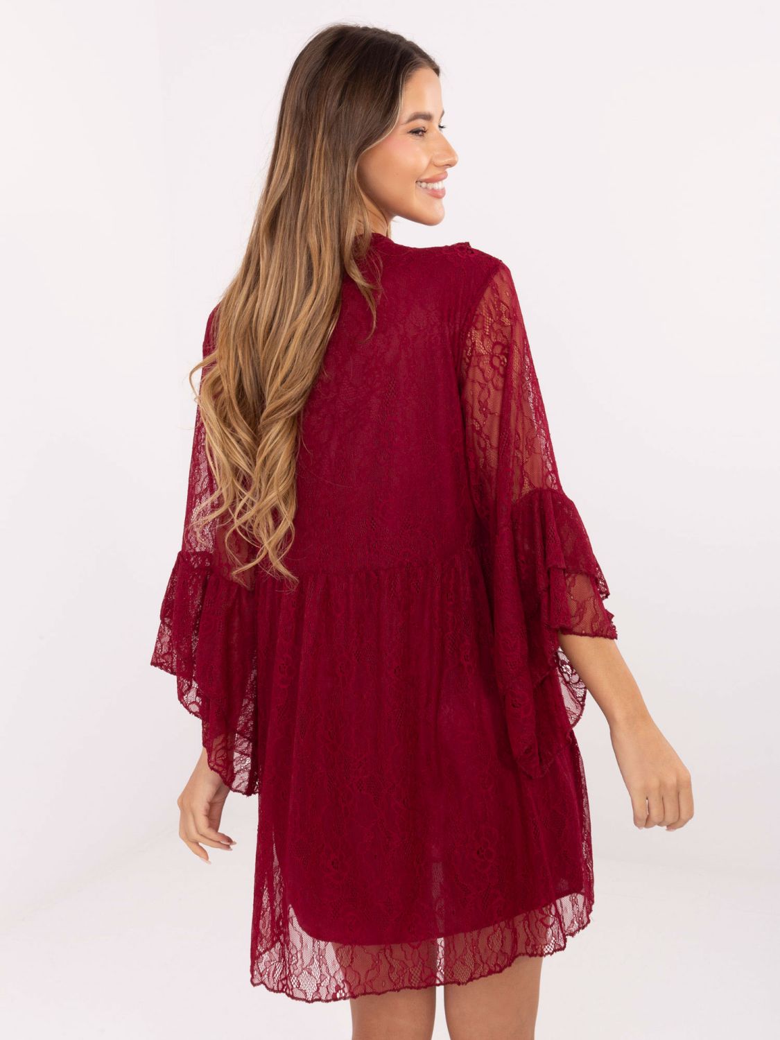 Burgundy flared mini dress with lace and lacing