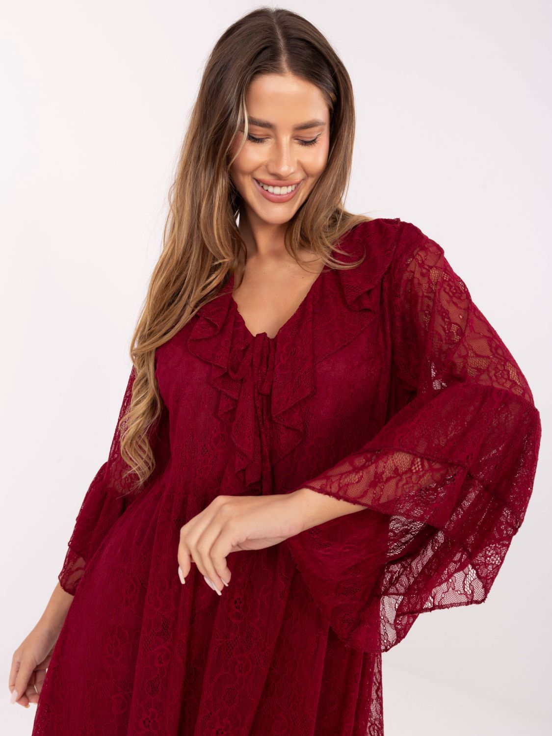 Burgundy flared mini dress with lace and lacing