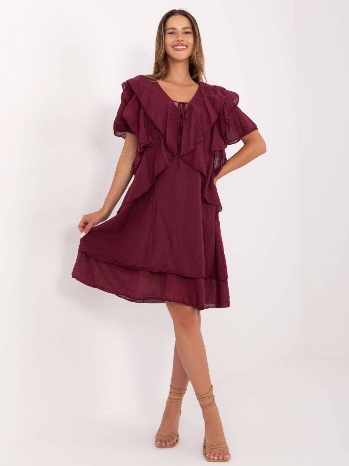 Oversize dress with short sleeves in burgundy
