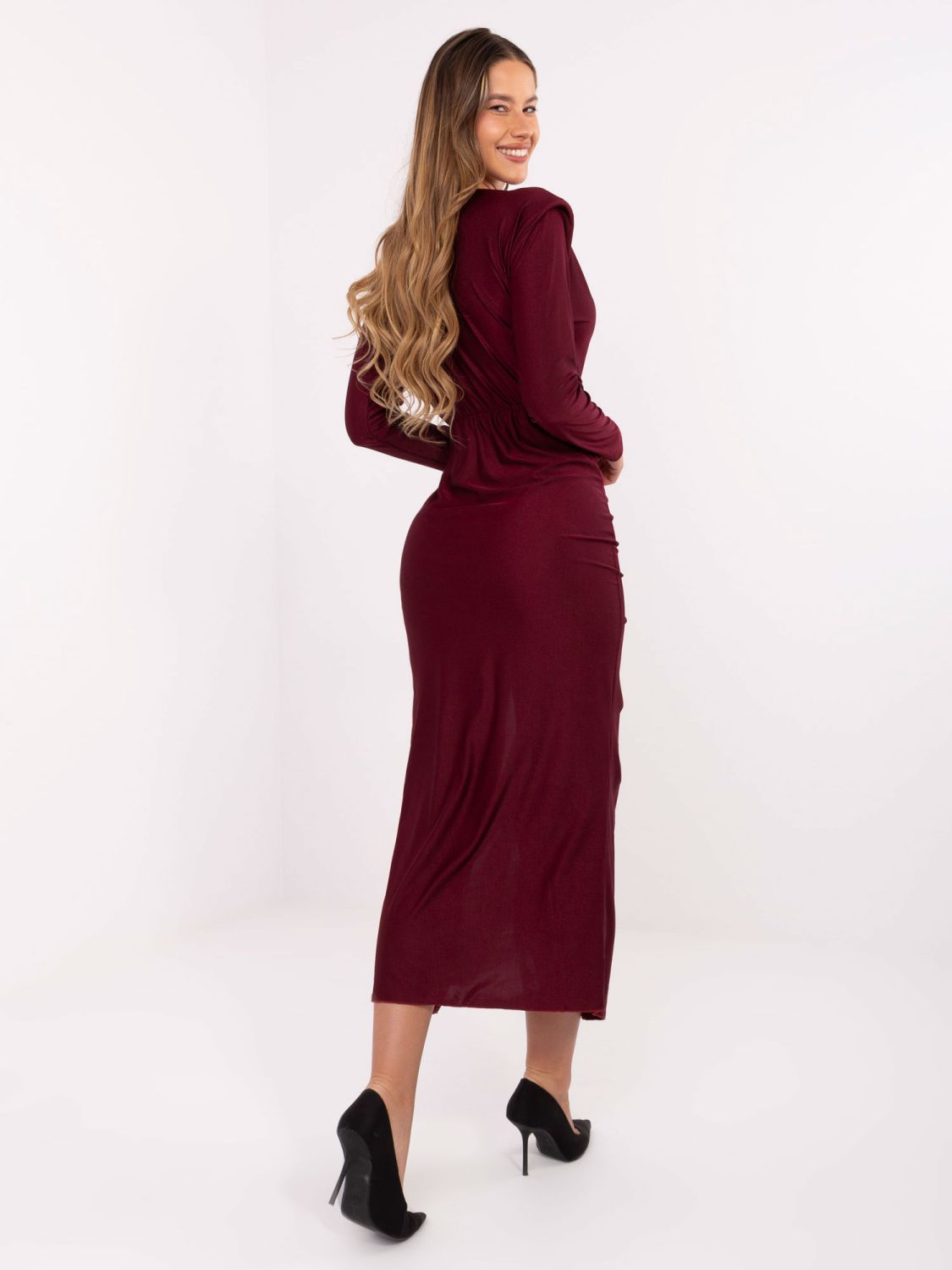 Burgundy midi pencil dress with wrap neckline and long sleeves
