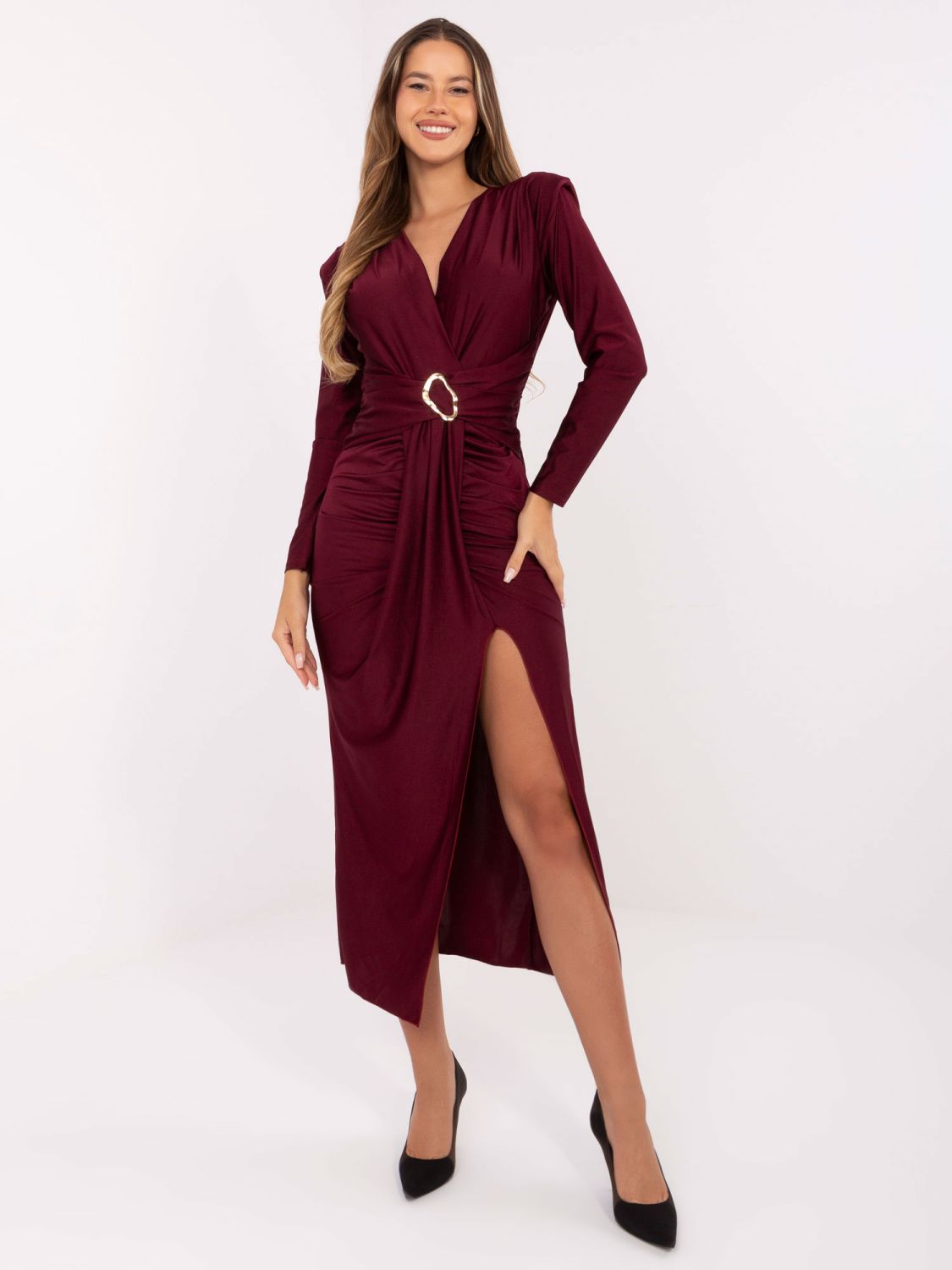 Burgundy midi pencil dress with wrap neckline and long sleeves