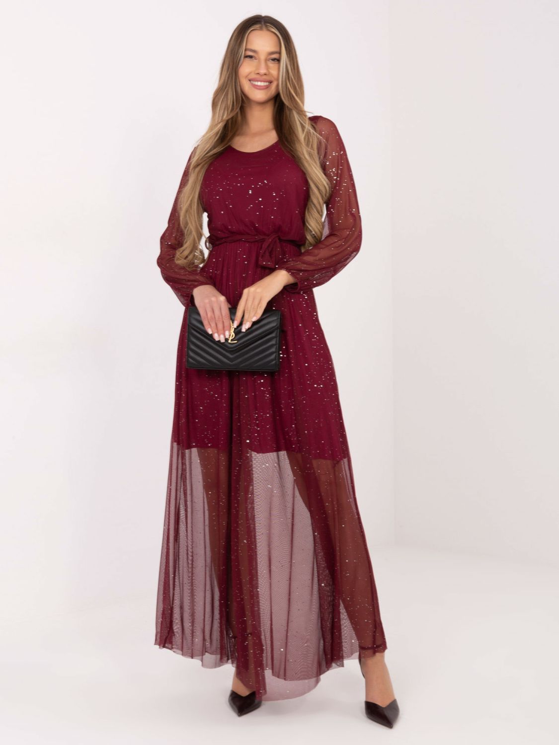 Burgundy maxi dress with belt and lining