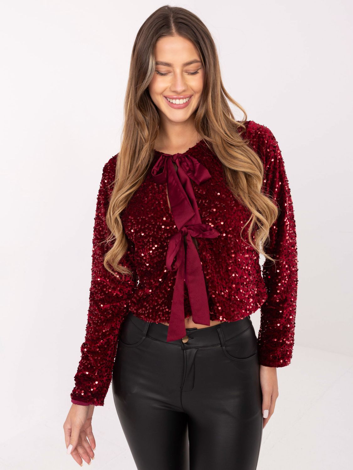 Elegant short burgundy cardigan with sequins and lining
