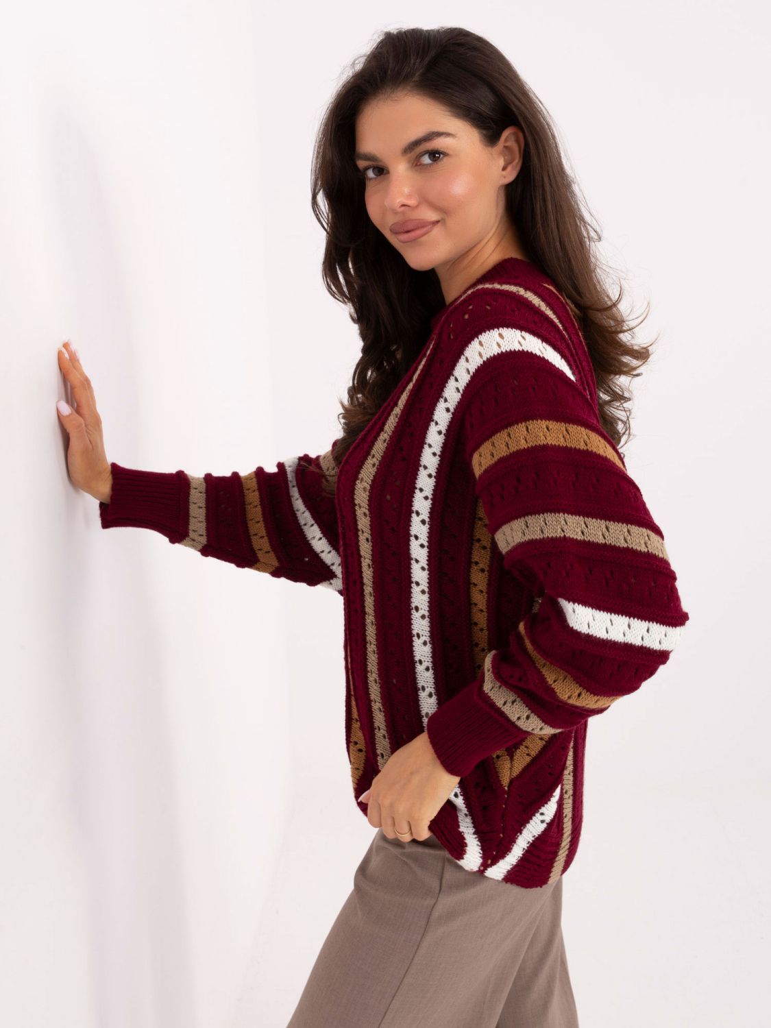 Burgundy openwork striped sweater