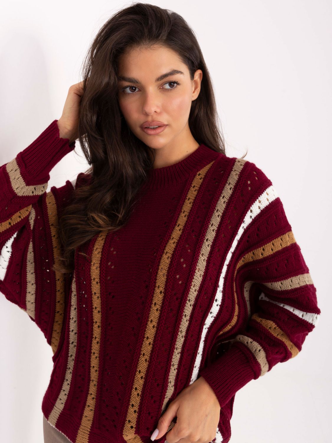 Burgundy openwork striped sweater