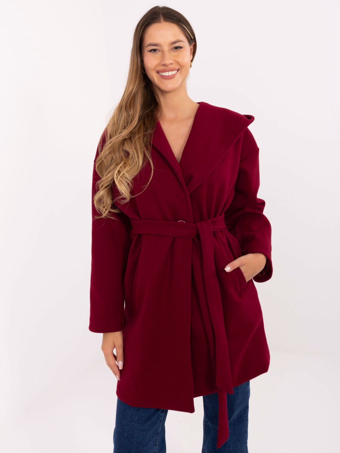 Burgundy transitional coat with hood and belt