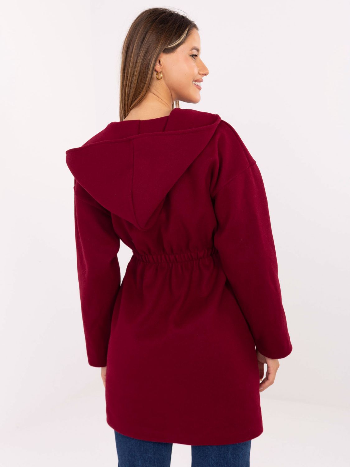 Burgundy transitional coat with hood and belt