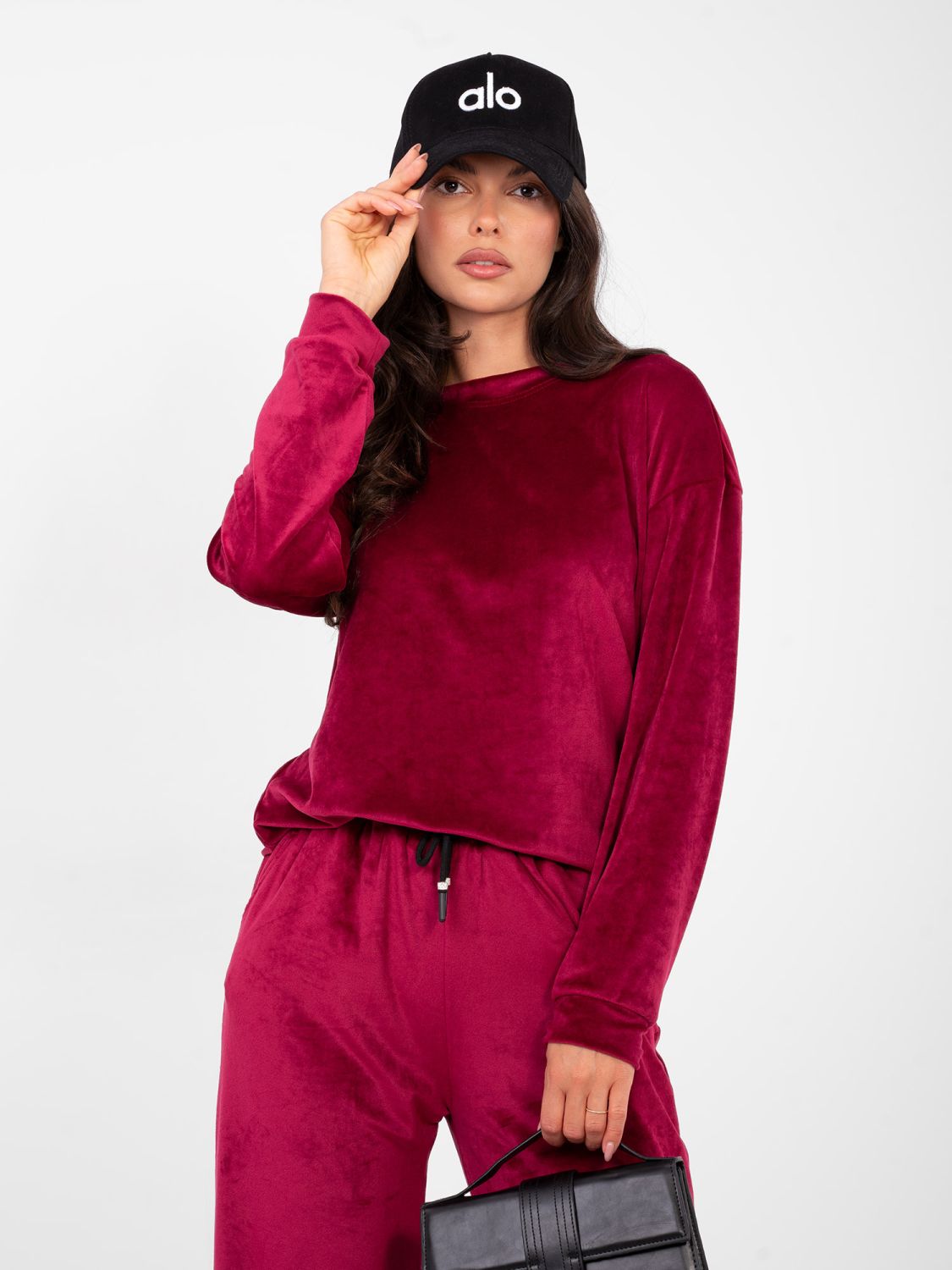 Women's burgundy set with long sleeves and decorative details