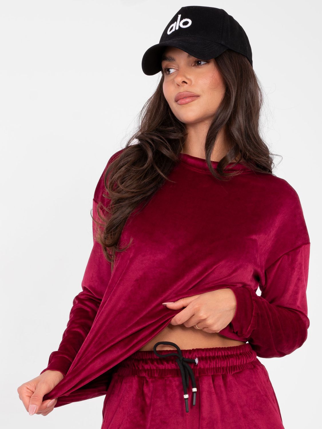 Women's burgundy set with long sleeves and decorative details