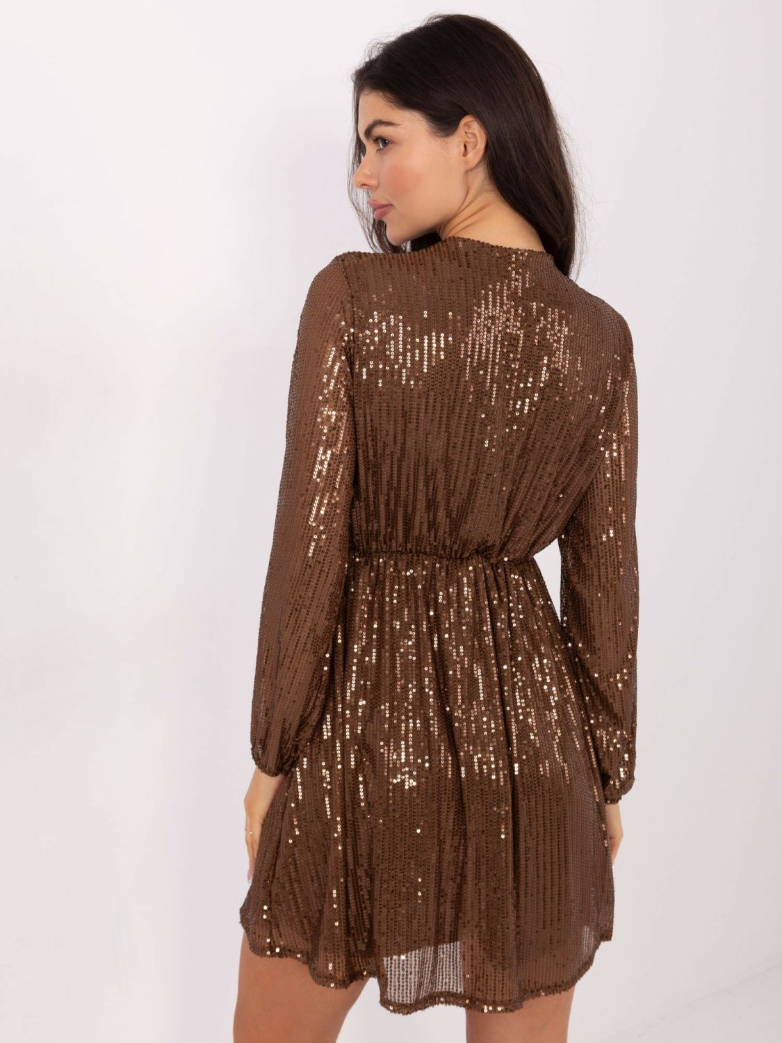 Brown flared mini dress with sequin detail