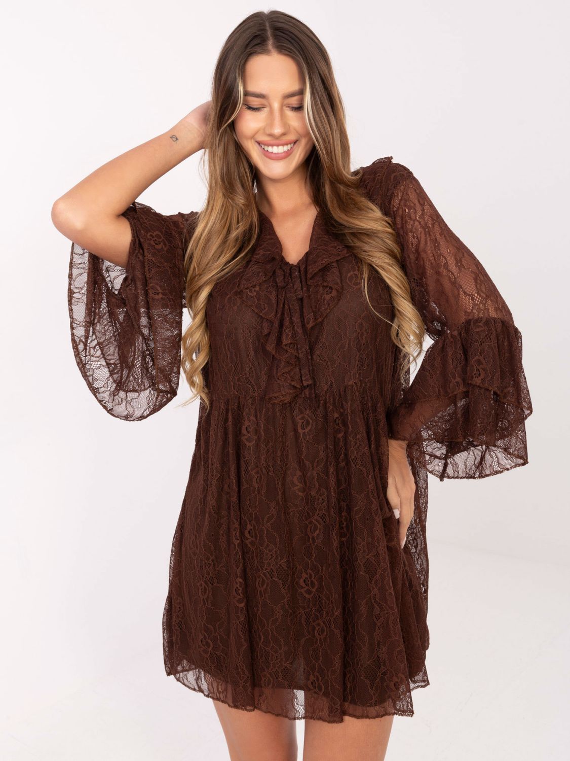 Brown flared mini dress with lace and tie detail