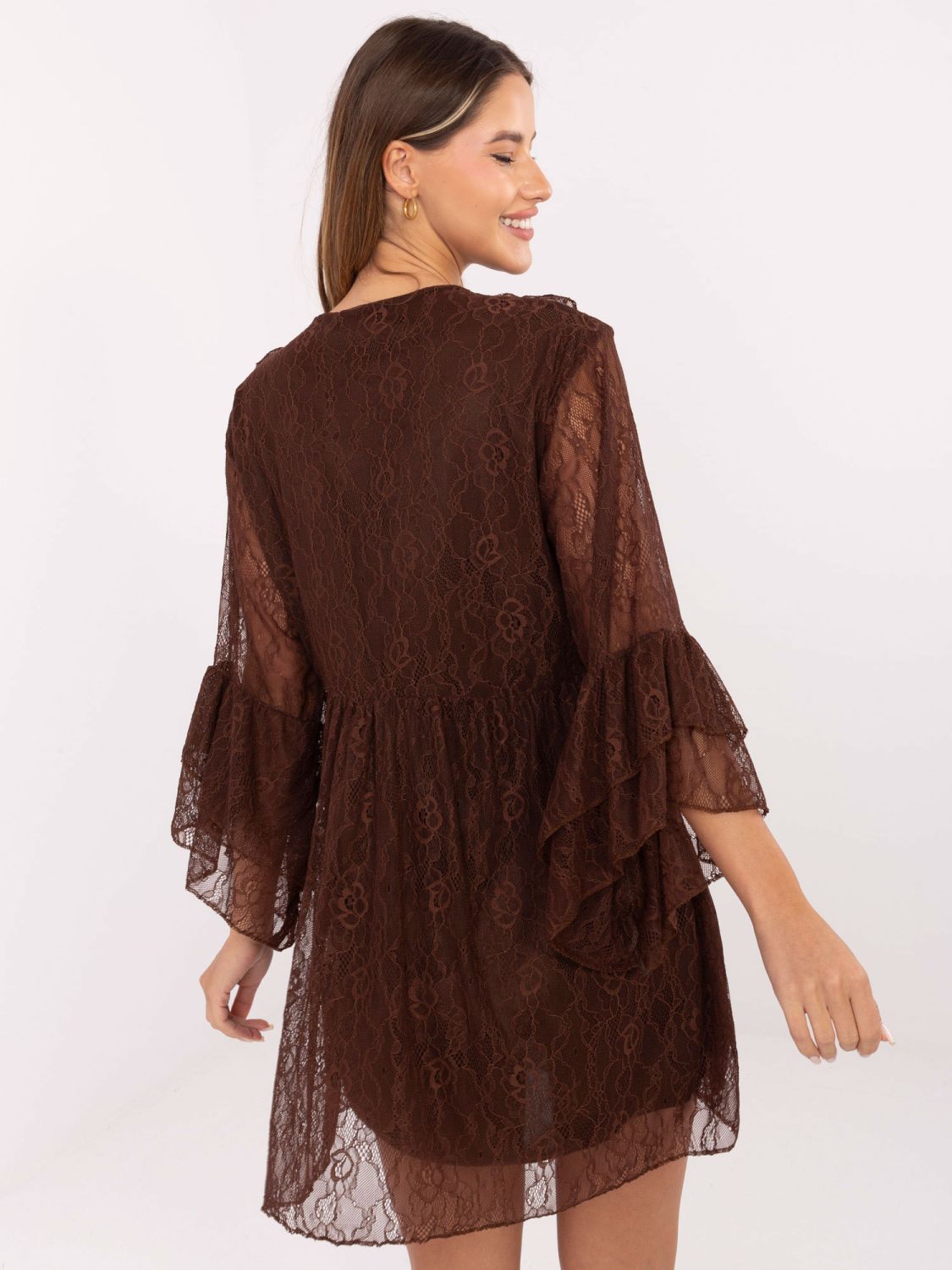 Brown flared mini dress with lace and tie detail
