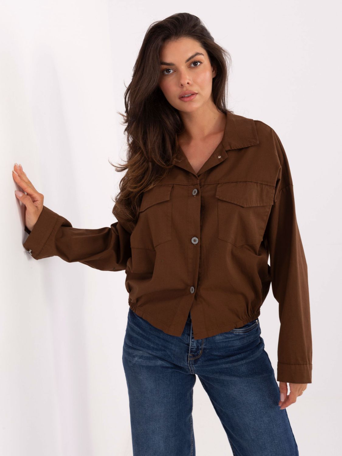 Brown cotton shirt with long sleeves and pockets