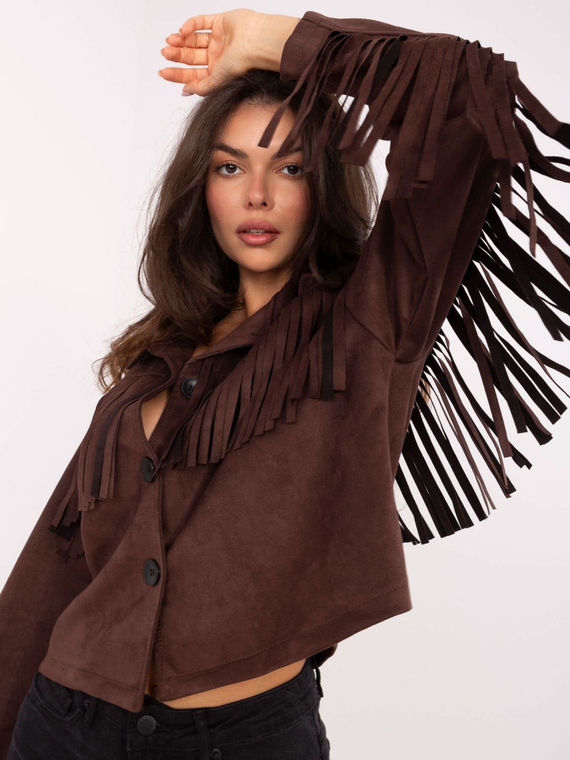 Brown Transitional Jacket with Fringes