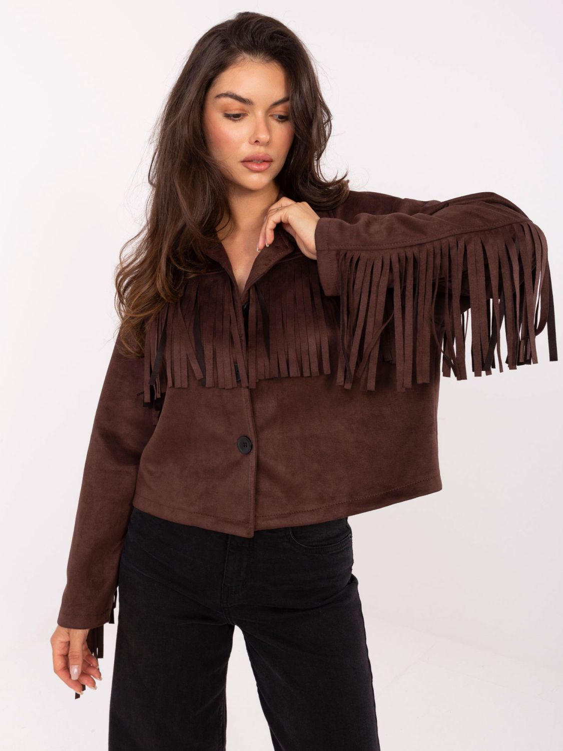 Brown Transitional Jacket with Fringes