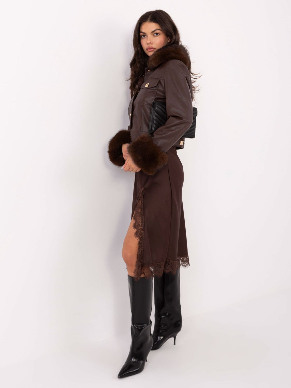 Short brown faux leather jacket with lining