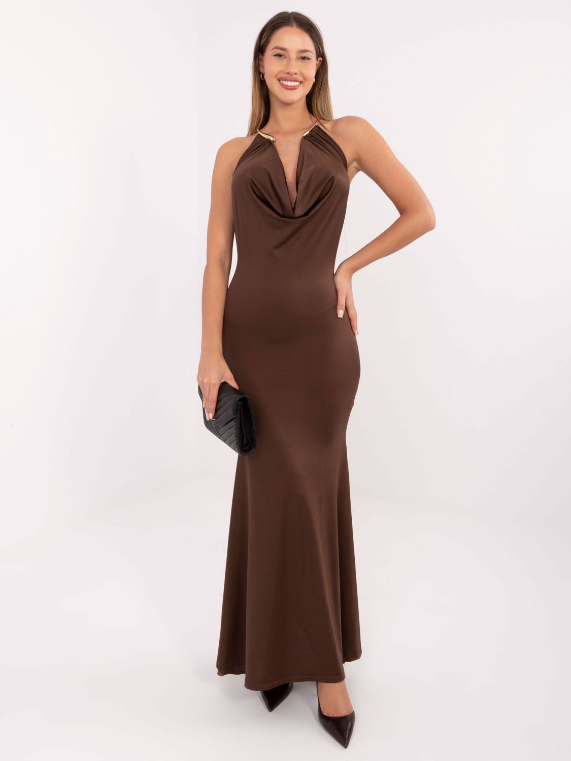 Elegant brown maxi dress with draped neckline