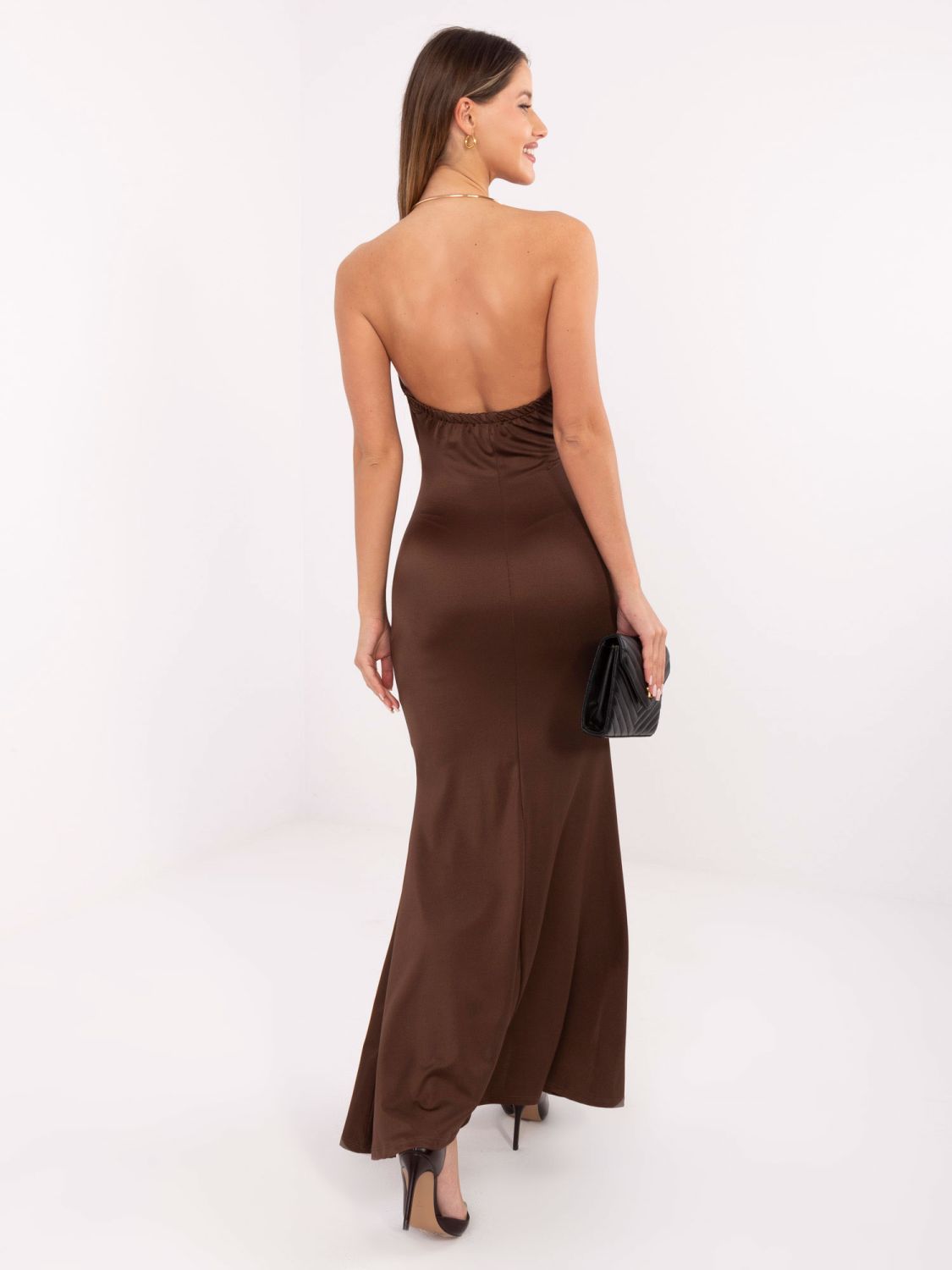Elegant brown maxi dress with draped neckline