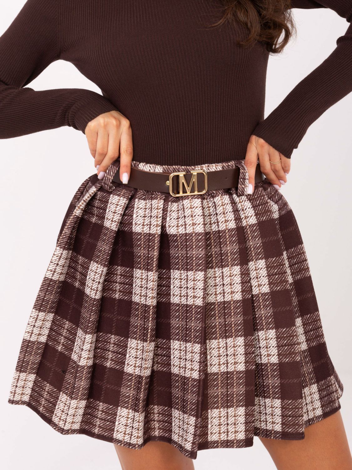 Brown plaid mini skirt with belt