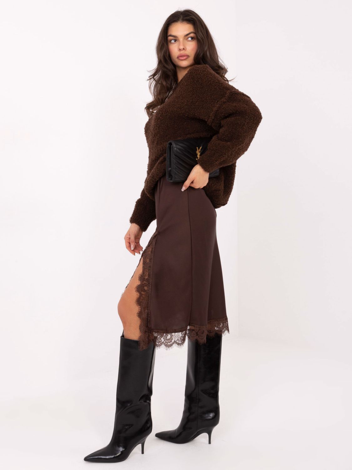 Elegant brown midi skirt with lace