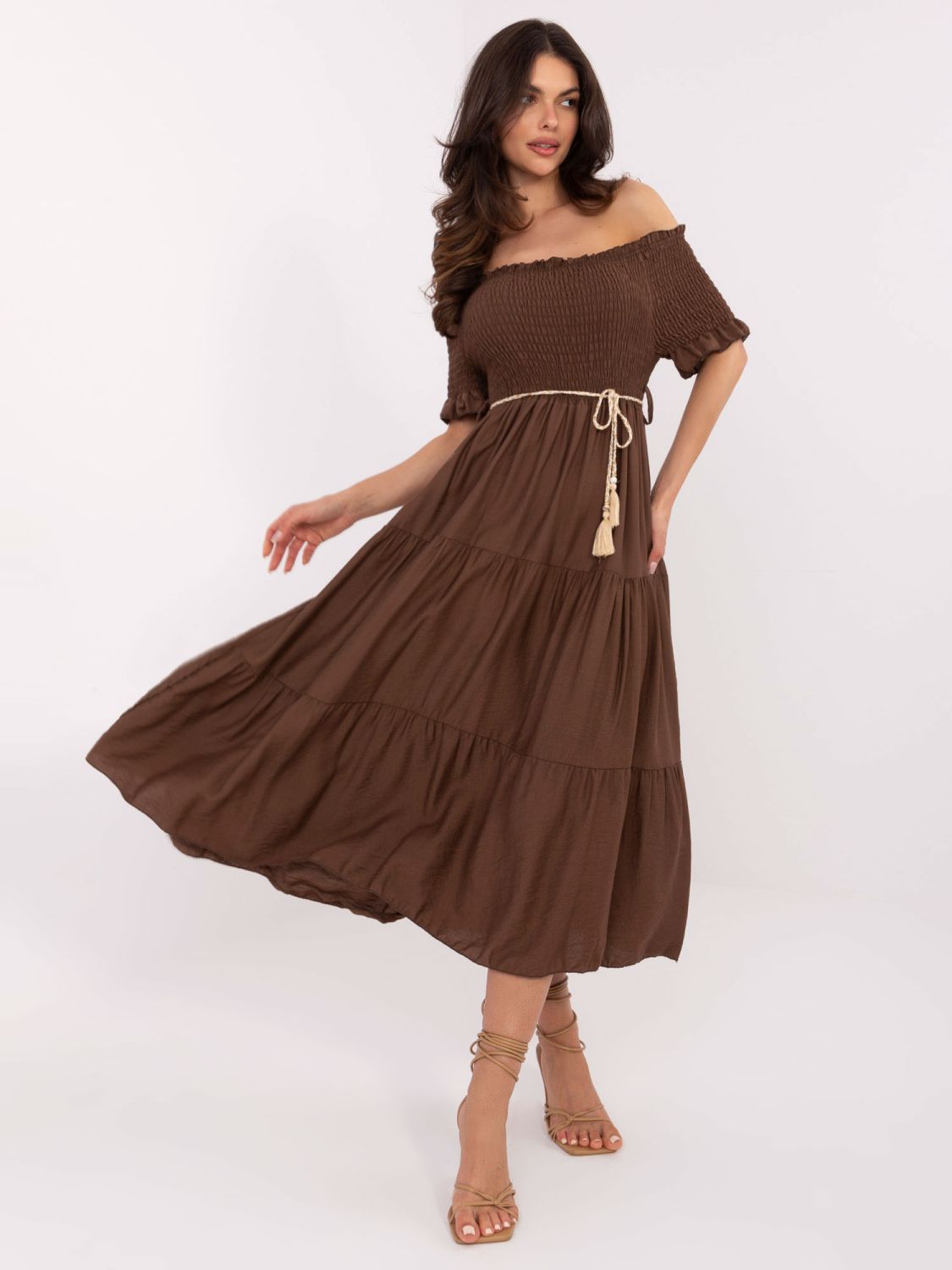 Brown Flared Dress with Belt