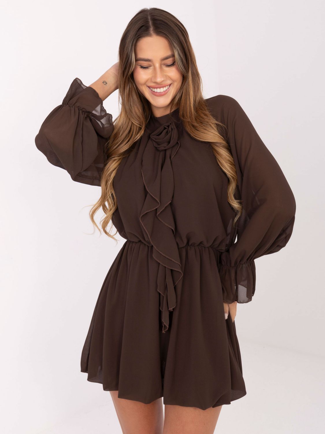 Brown flared mini dress with ruffle and jabot