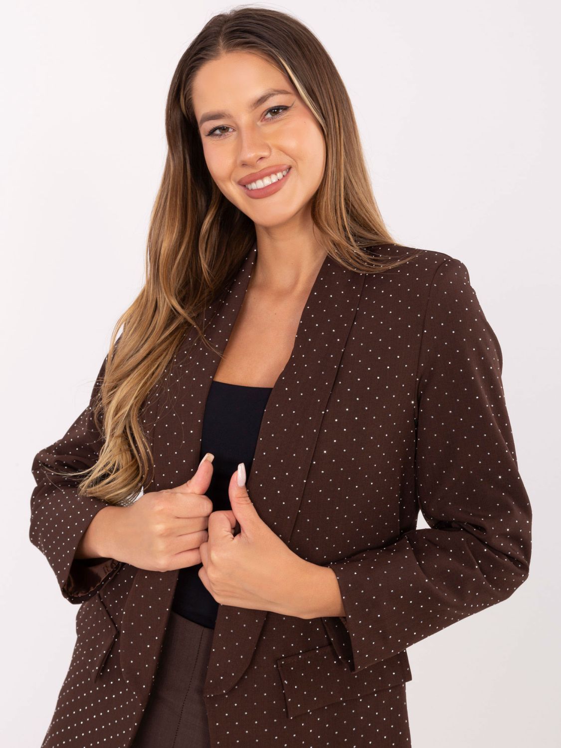 Elegant brown blazer with appliqué and lining
