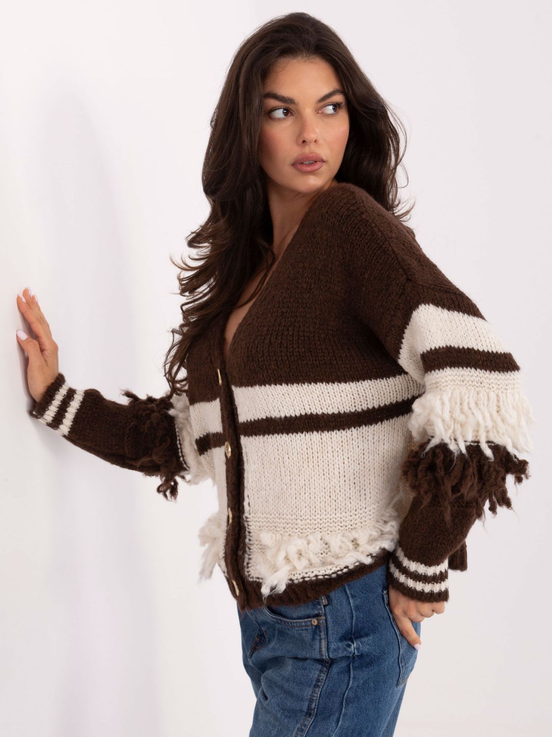 Brown striped cardigan with V-neck and fringes