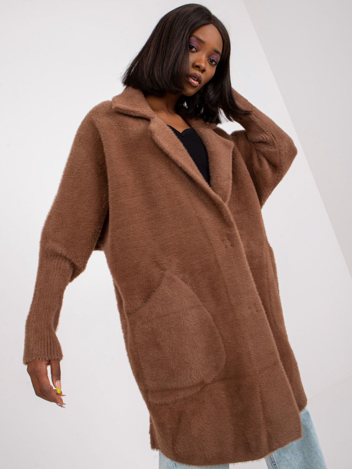 Brown wool and angora transitional coat
