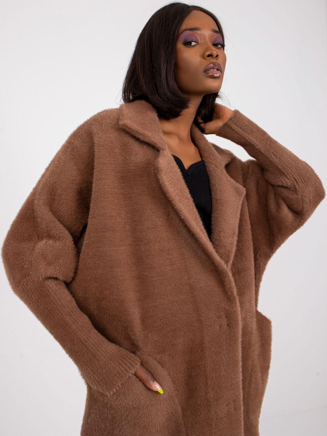 Brown wool and angora transitional coat