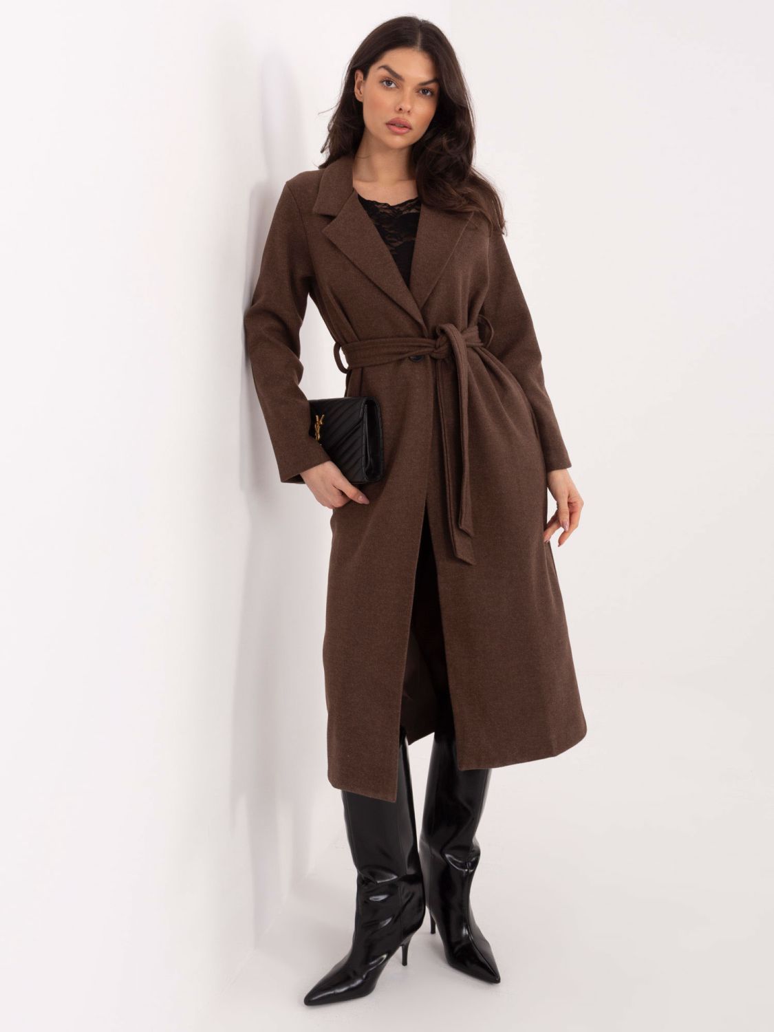 Brown transitional coat with belt and lining