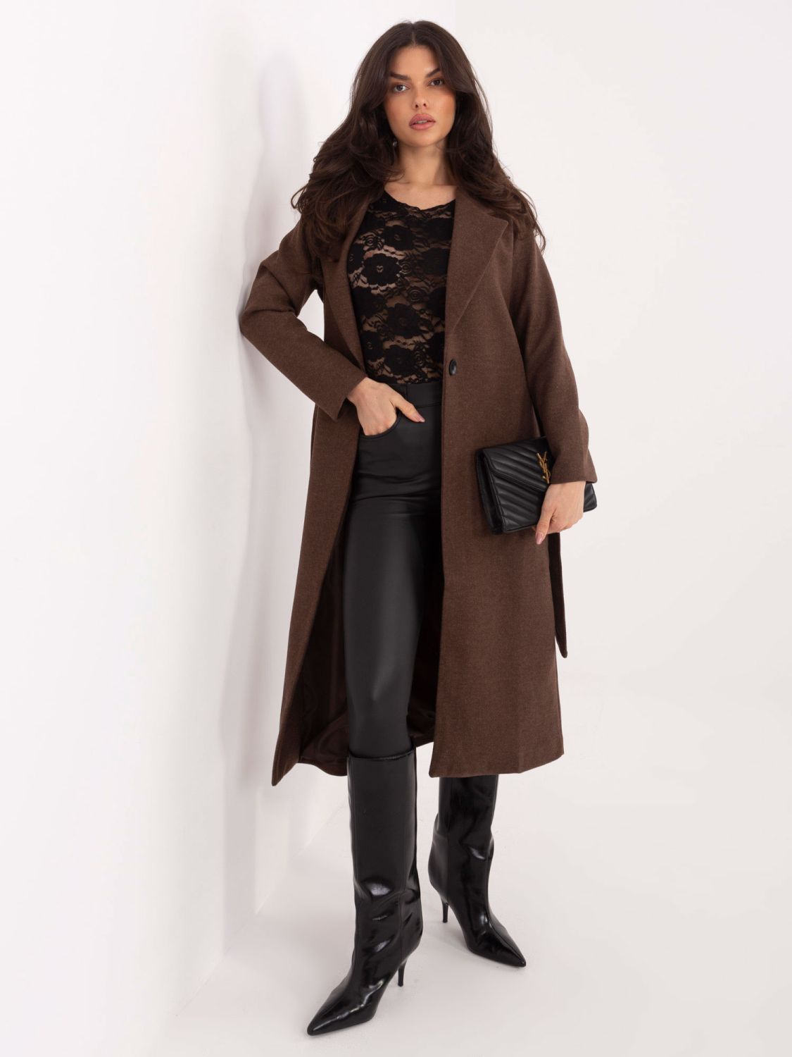 Brown transitional coat with belt and lining