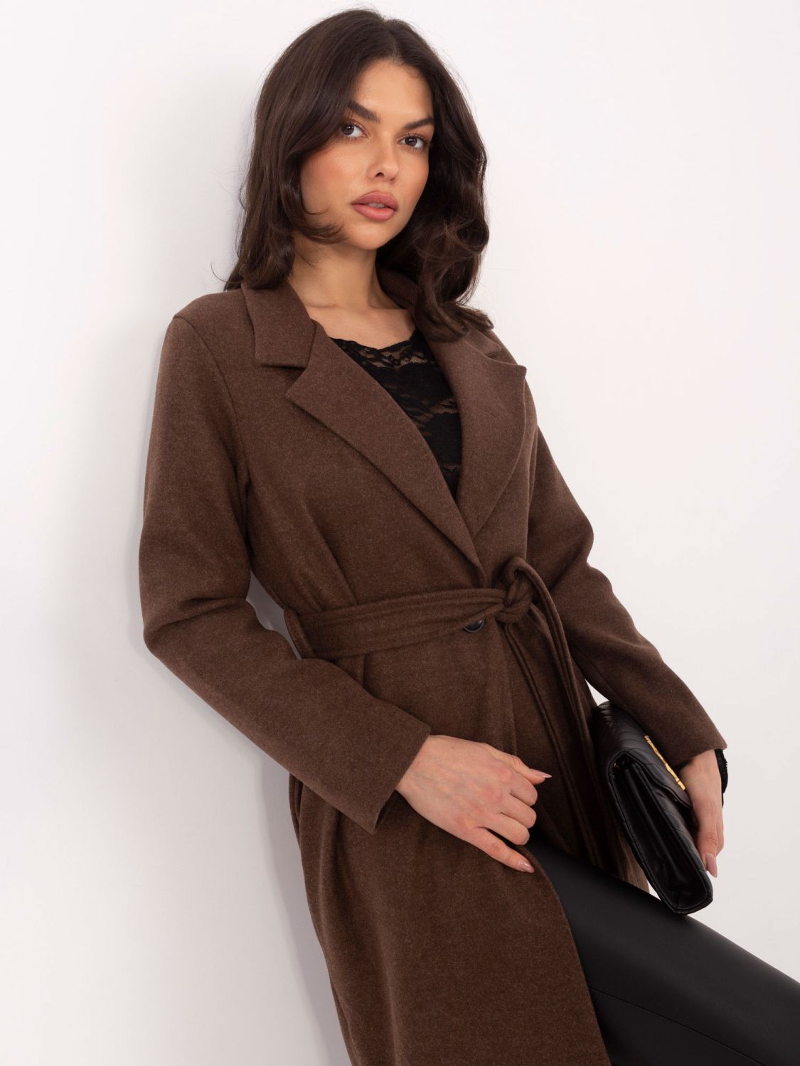 Brown transitional coat with belt and lining