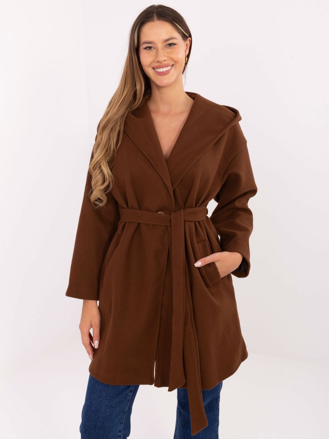 Brown transitional coat with hood and belt