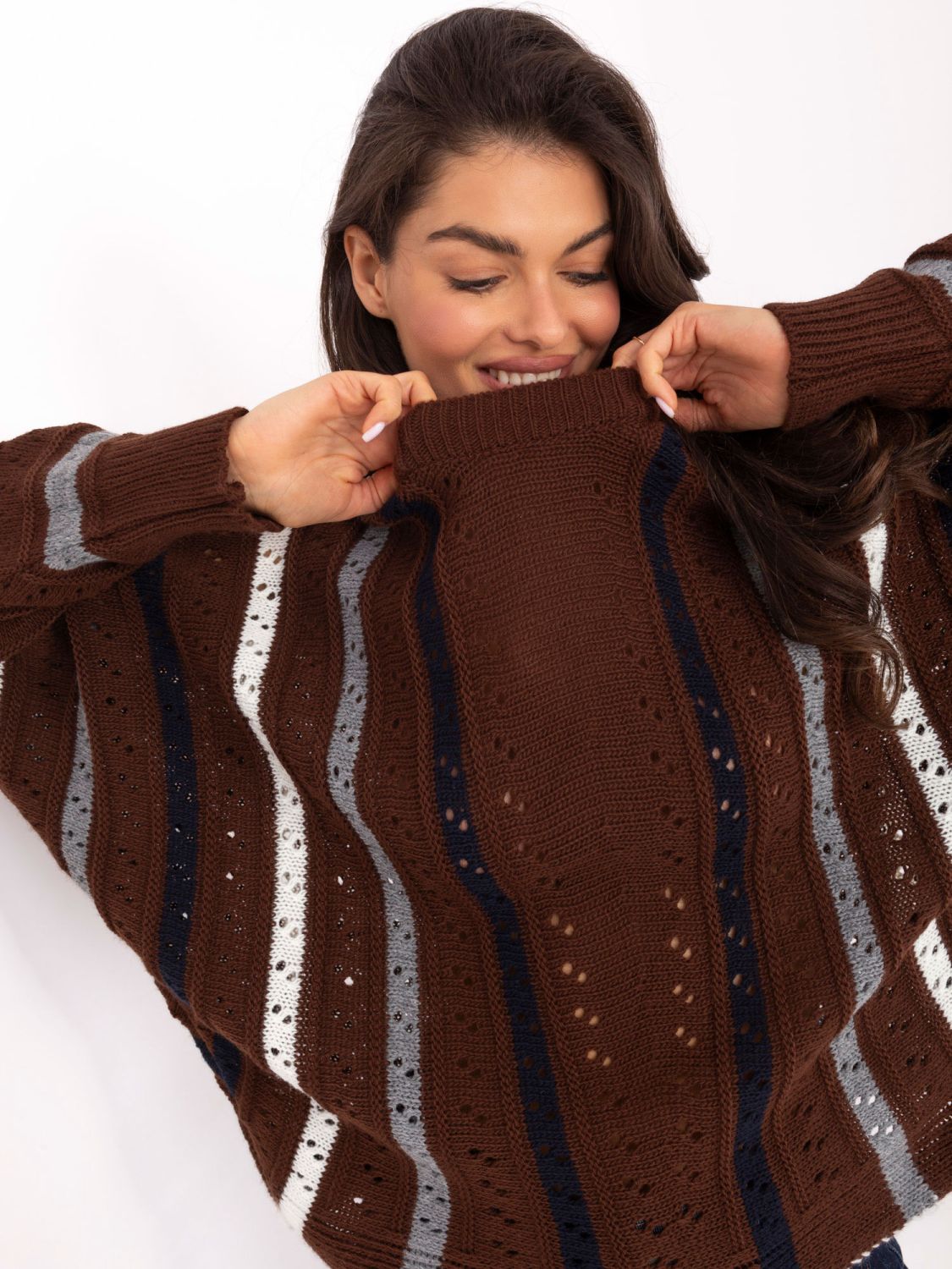 Brown openwork striped sweater