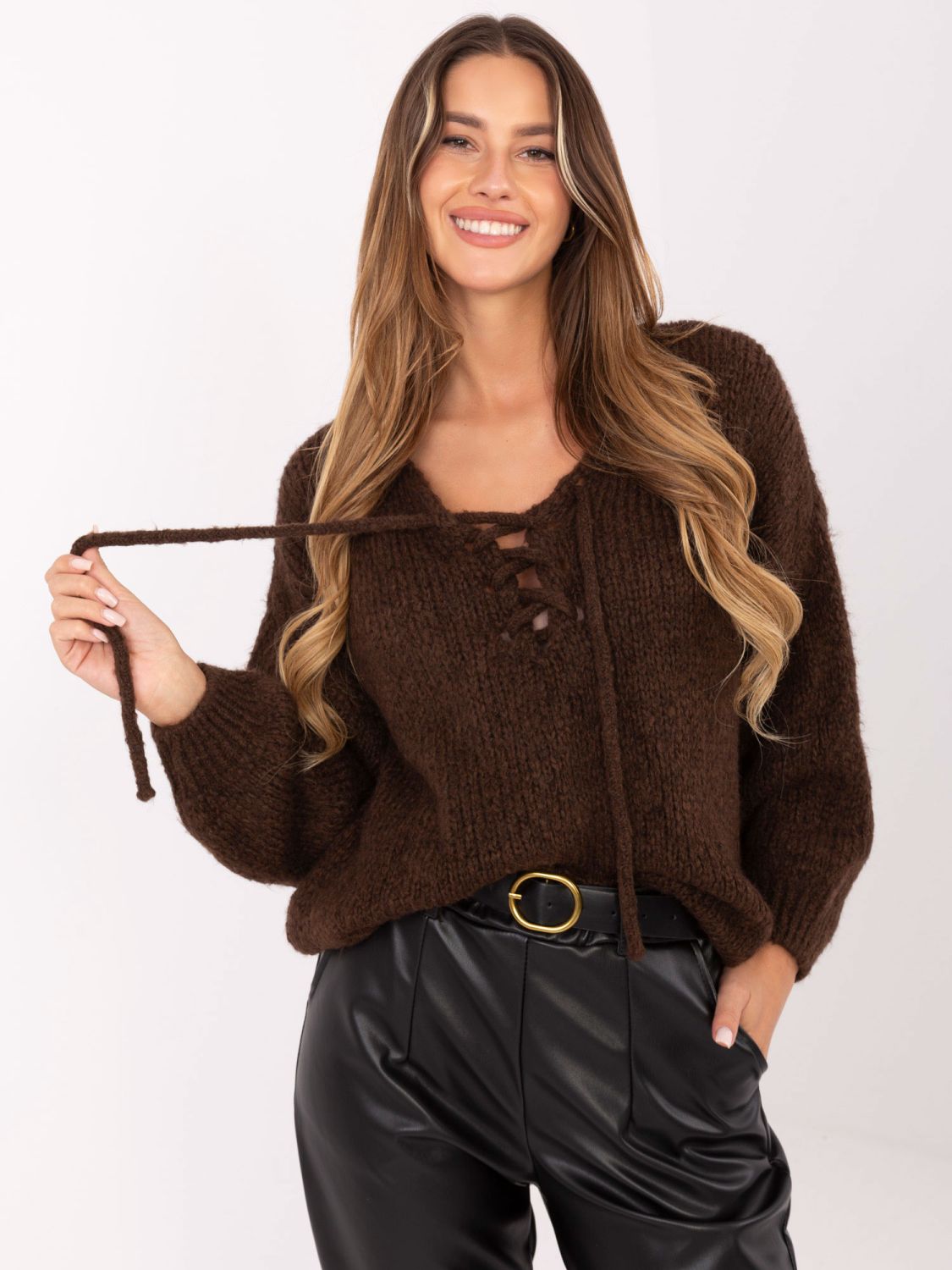 Brown knitted sweater with lace-up neckline