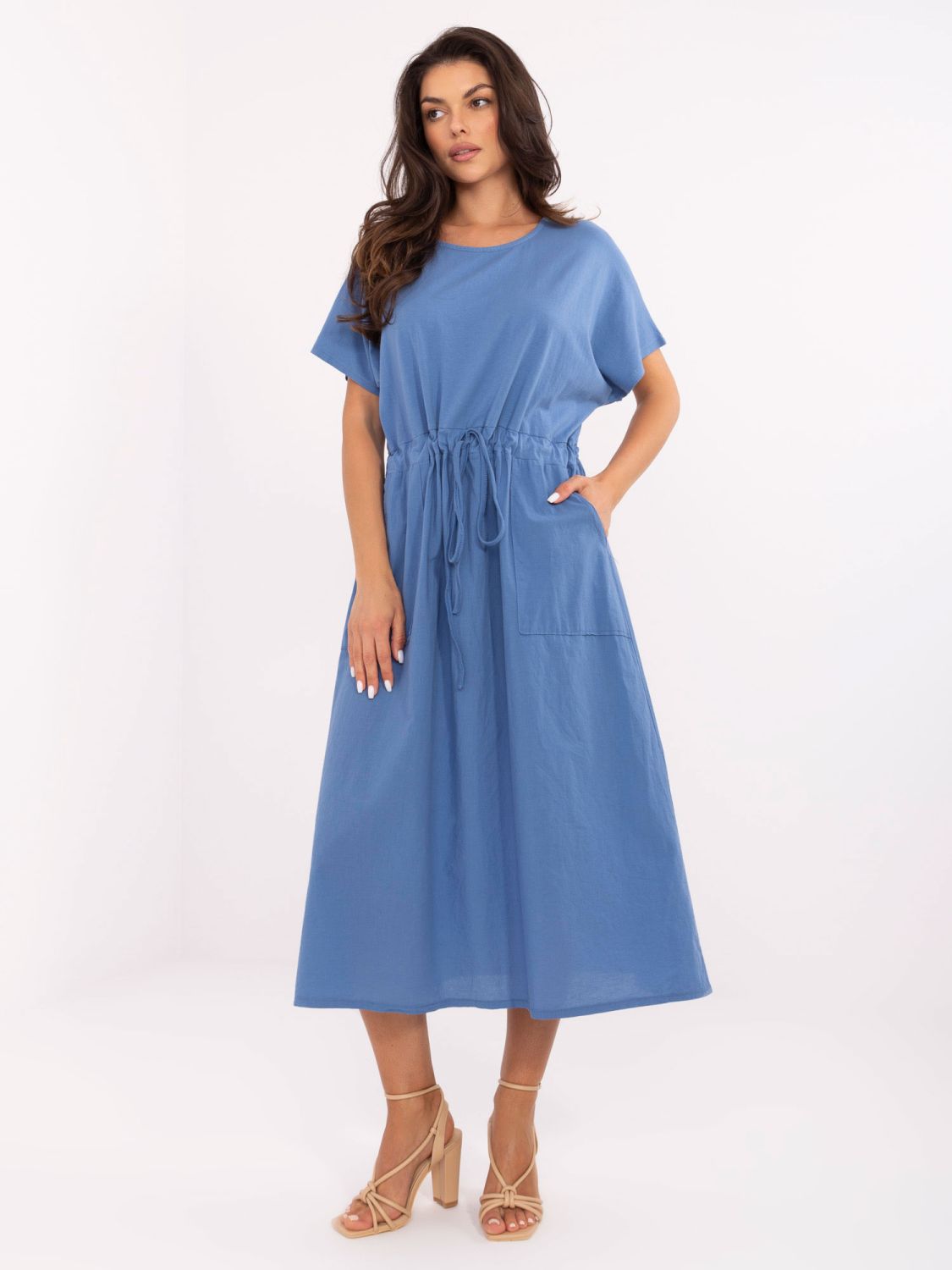 Flared Blue Dress with Short Sleeves