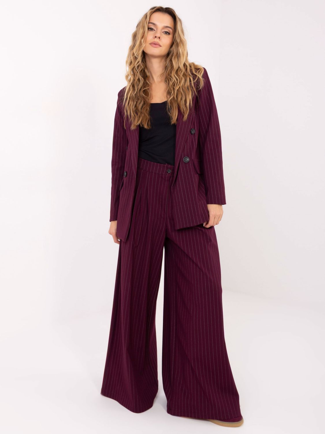 Elegant striped palazzo trousers, burgundy