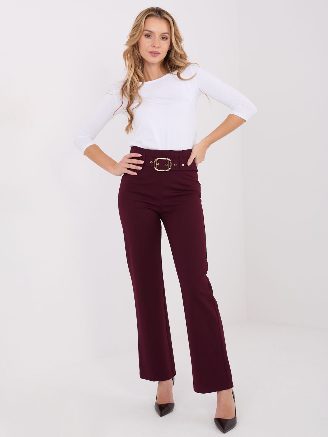 Elegant burgundy high-waisted trousers with belt