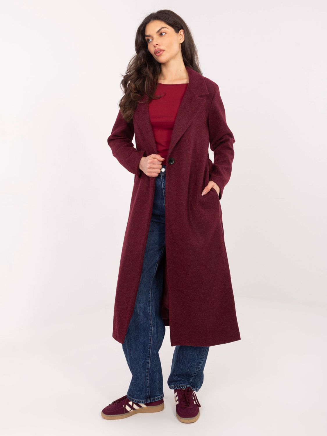 Burgundy transitional coat with belt
