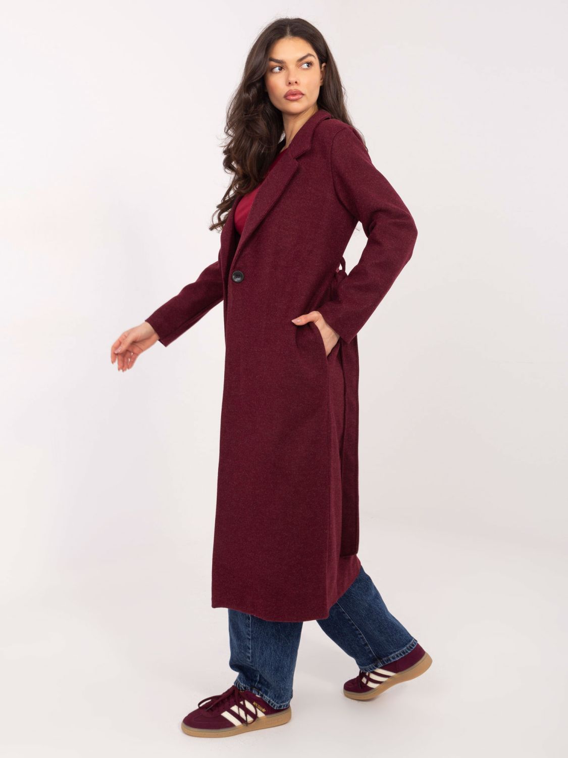 Burgundy transitional coat with belt