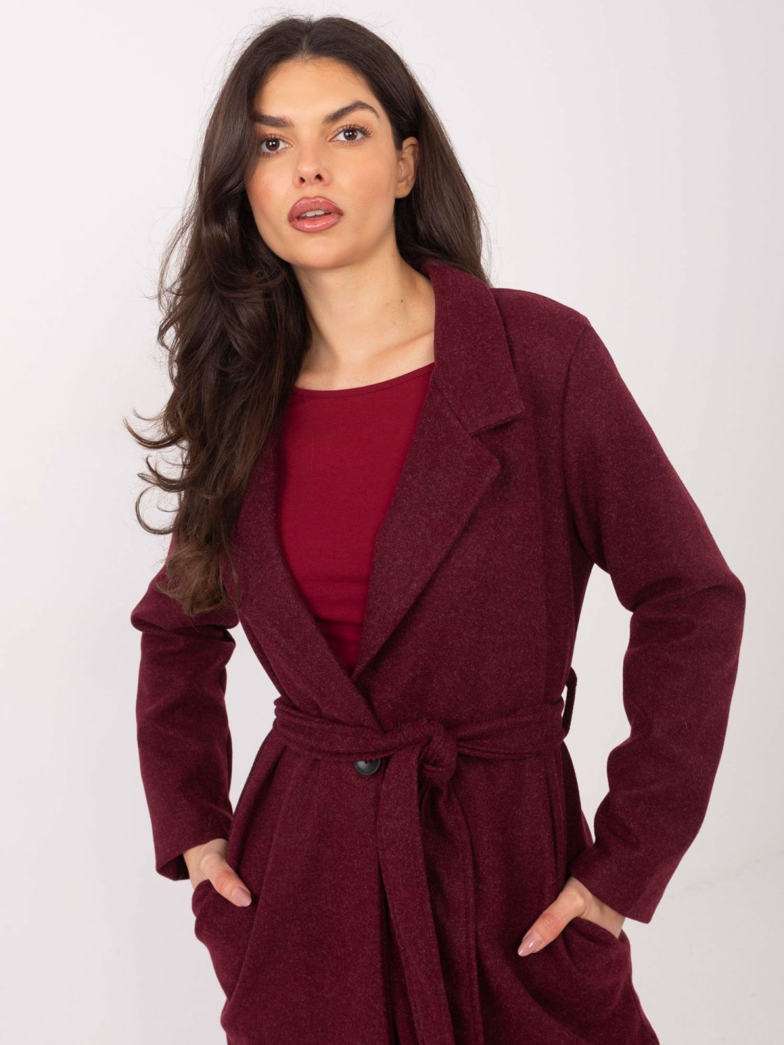 Burgundy transitional coat with belt