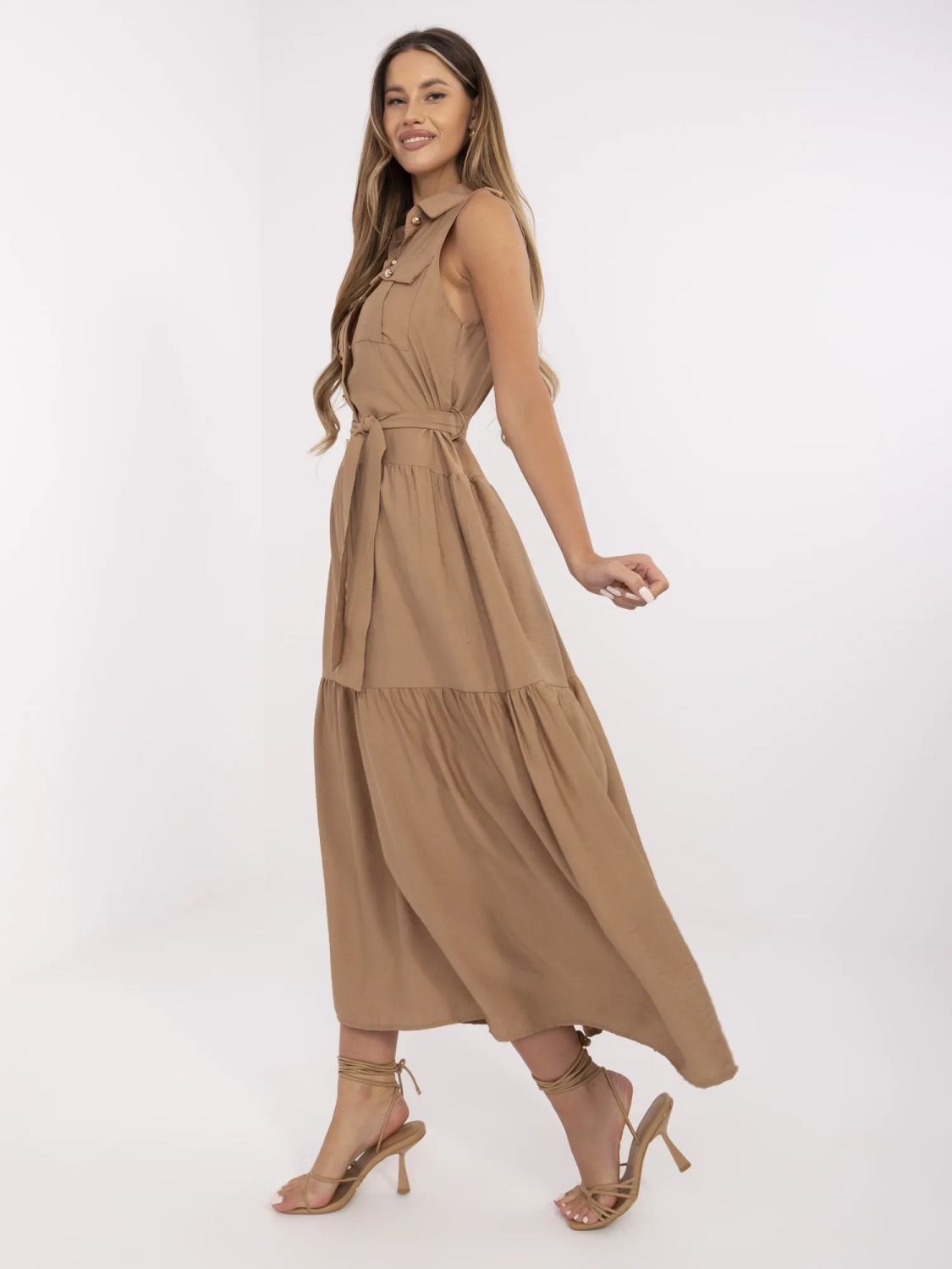 Maxi Dress with Ruffles and Belt in Camel Color