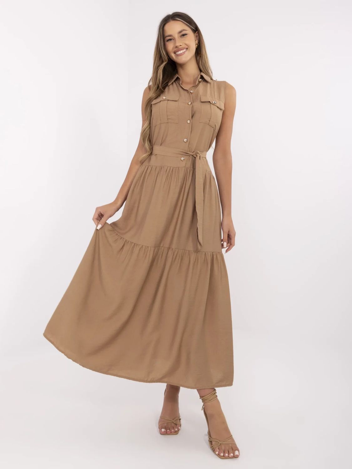 Maxi Dress with Ruffles and Belt in Camel Color