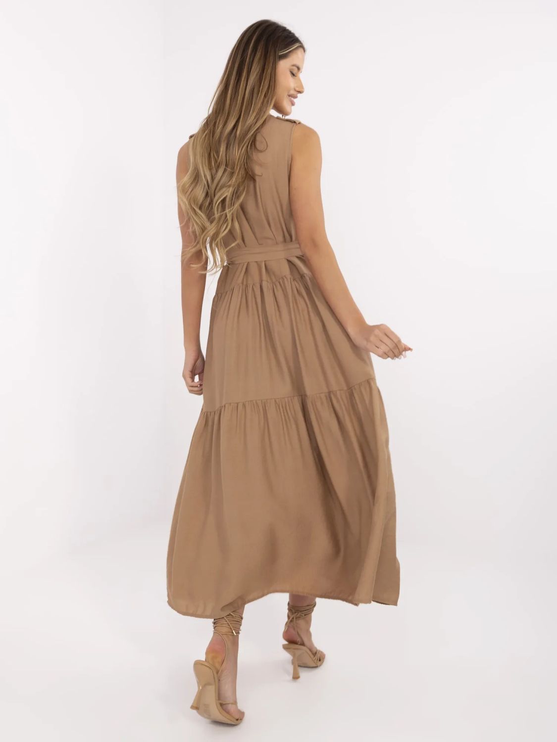 Maxi Dress with Ruffles and Belt in Camel Color